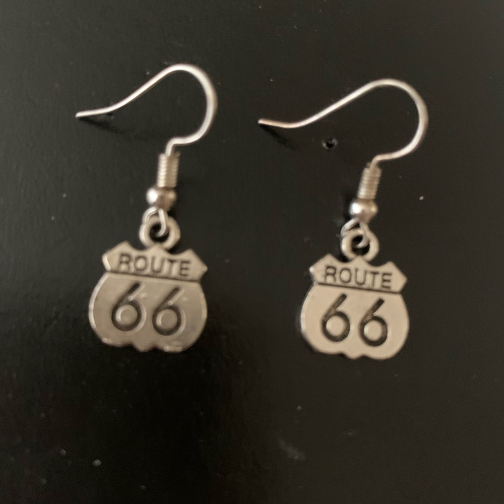 Silver tone Route 66 pierced earrings
